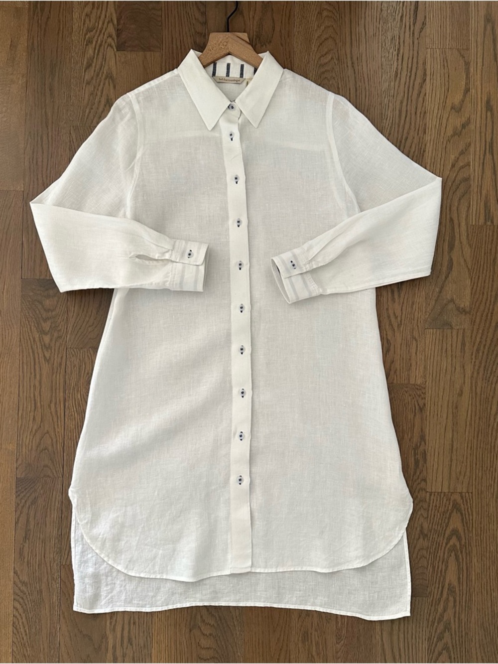 Soft Surroundings 100% Linen Long Sleeve Shirt Dress in White with Blue Medium